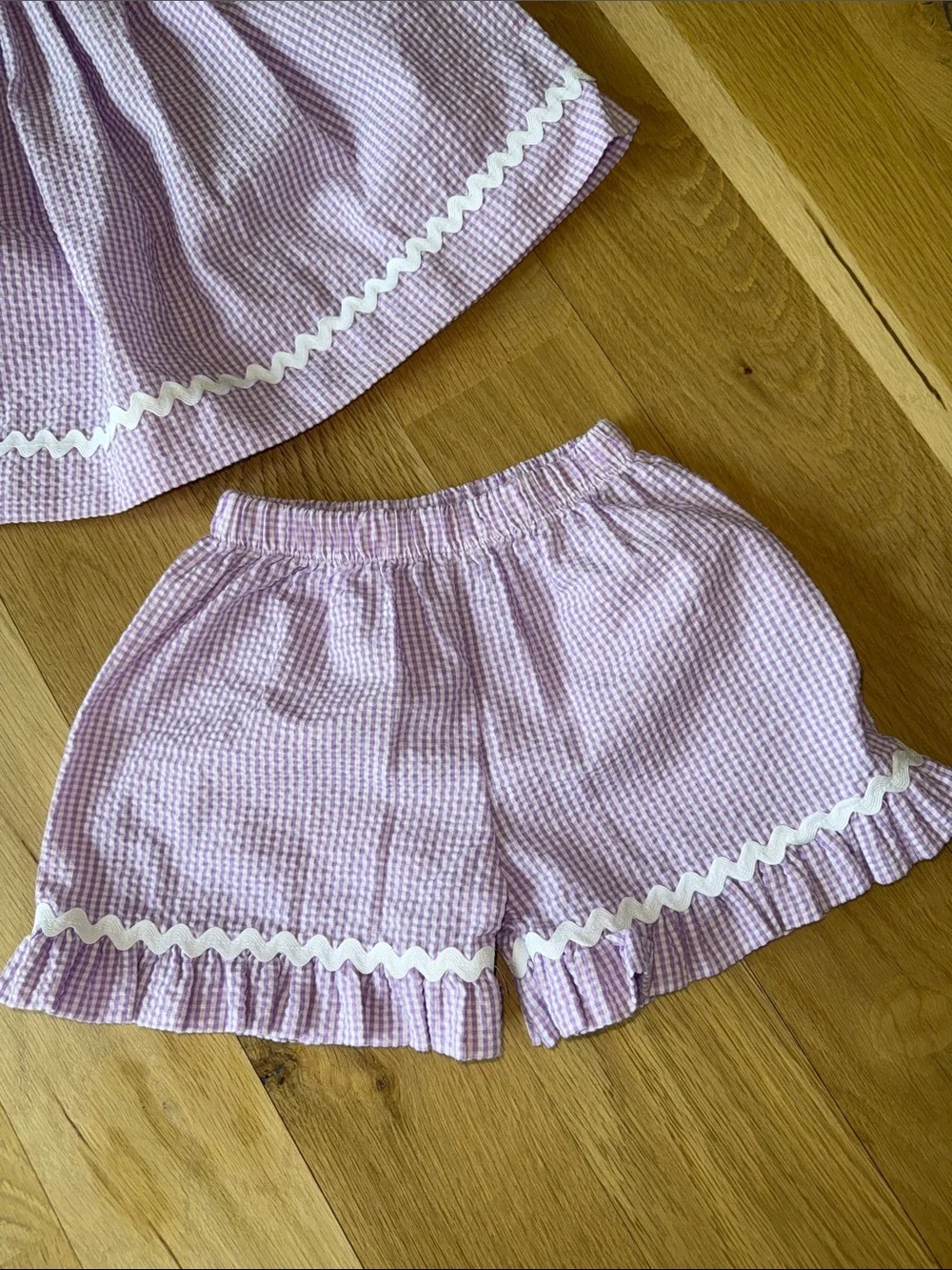 Stitchy Fish Purple Gingham Shirt and Short Set with Smocked Daisy Detail